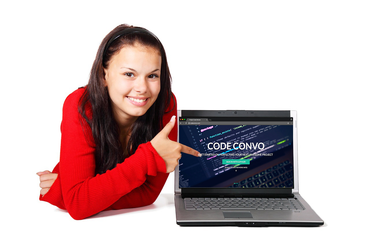 Girl points to Code Convo website.